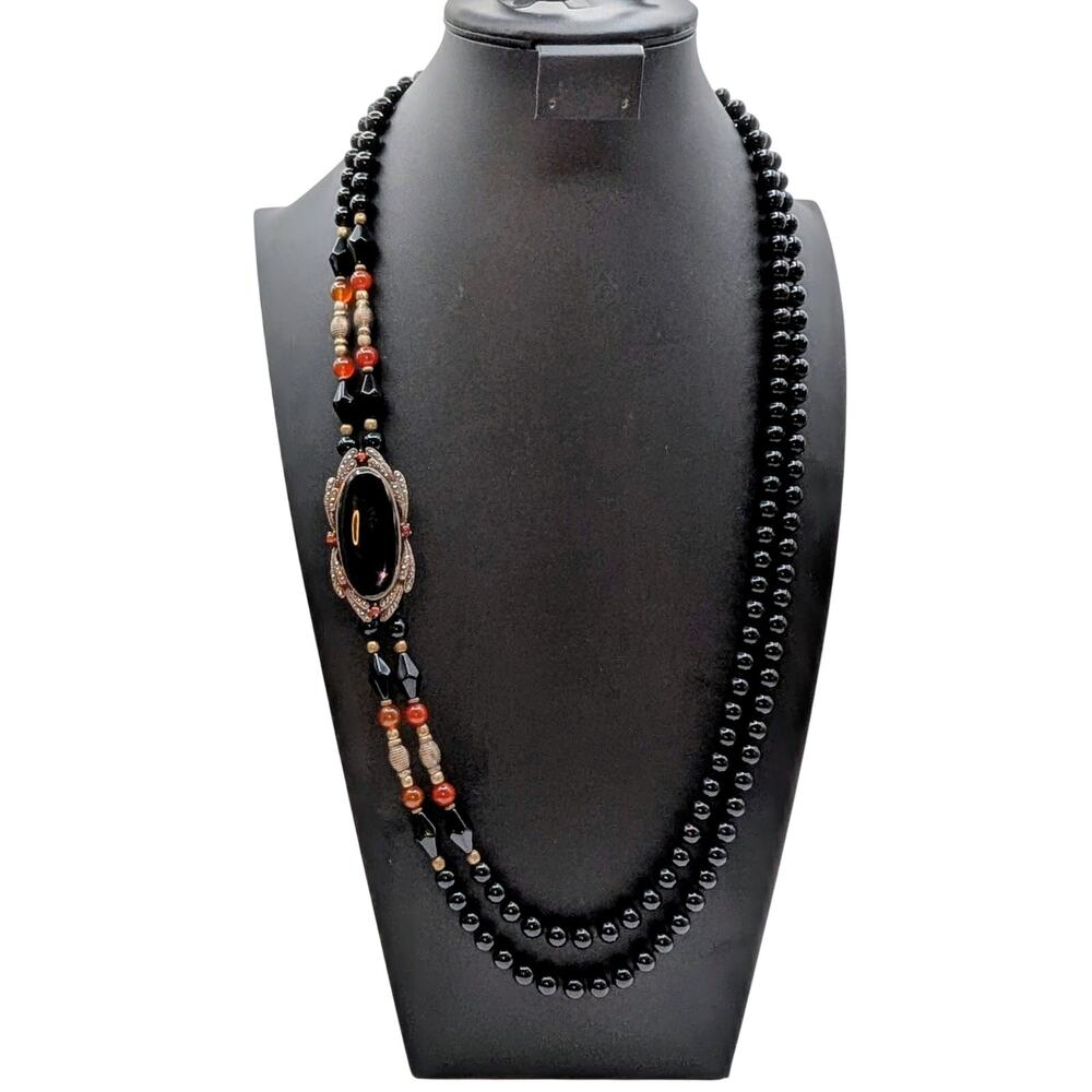 VTG Sterling Double Strand Black Onyx/Tourmaline Carnelian Marcasite Necklace